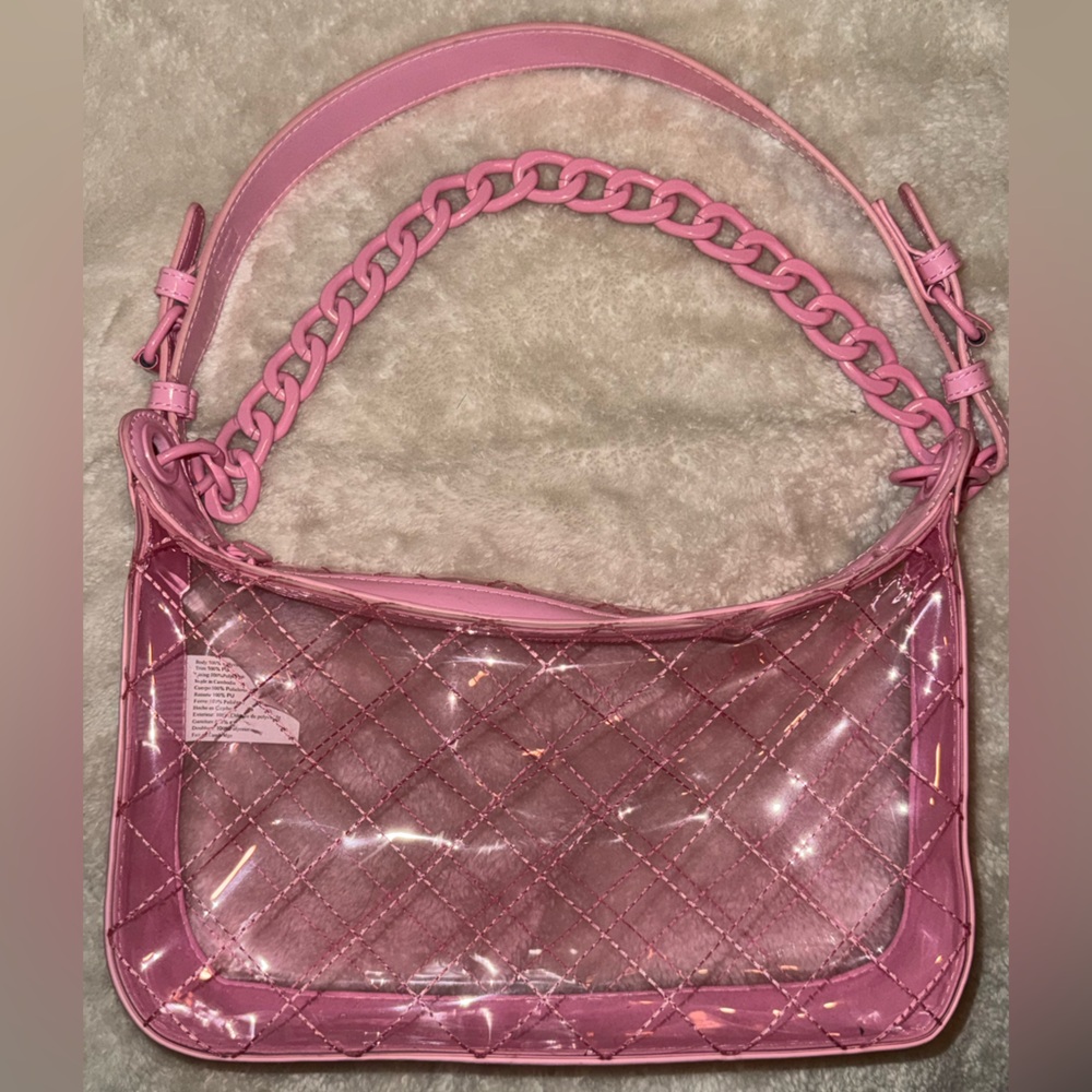 Steve Madden Clear Bubble Gum Pink Quilted Shoulder Crossbody Bag Matching Chain - Picture 5 of 16